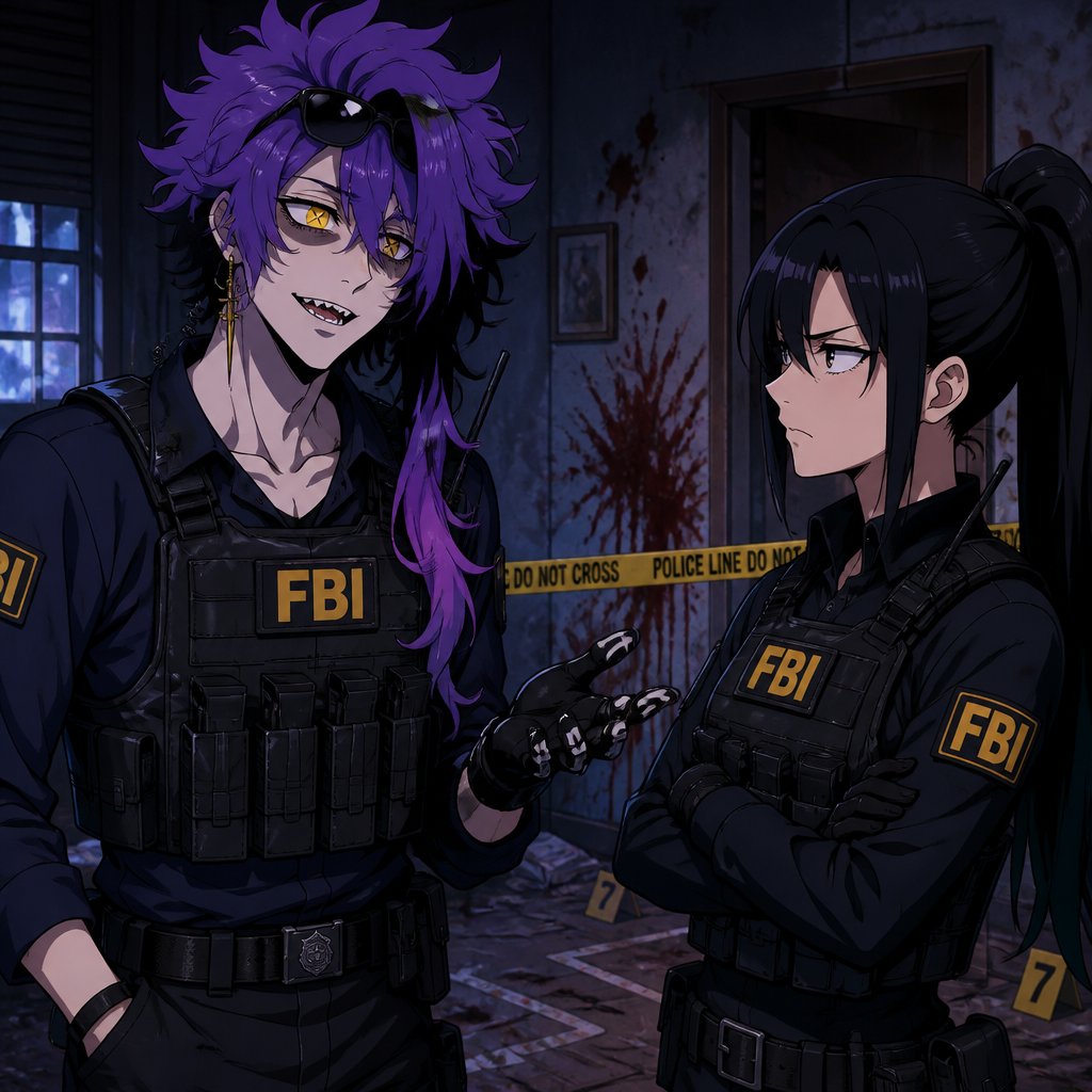 Comic Anime Agent Rockwell very poof up messy hair half side a lot longer and drooped down he has bright deep purple hair with black tips,glow yellow night vision and X-ray eyes,sharp teeth,sunglasses on head,was made in a secret lab to be the best weapon and solver,really cares about his partner but embarrassed to admit,sometimes has a shy smile when encountering her,likes make jokes,power of death,great agent detective takes job seriously,the best at it,mid 20s ,tall, thin,extremely exhausted mischievous and reckless,jokes to hide his exhaustion,coffee,hates when people tell him what to do especially when it’s about sleep,scary when angry,intimidating,partner is only one to sometimes get him to listen she’s not scared of him,she looks annoyed but also concerned about him,plays by the rules,trying to take this case seriously,they’re talking about the crime what could have happened