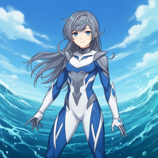  Can you make a non inappropriate picture of a superhero who is named hydroshark. Make her costume blue, white, and gray and make the ocean the background make them a girl