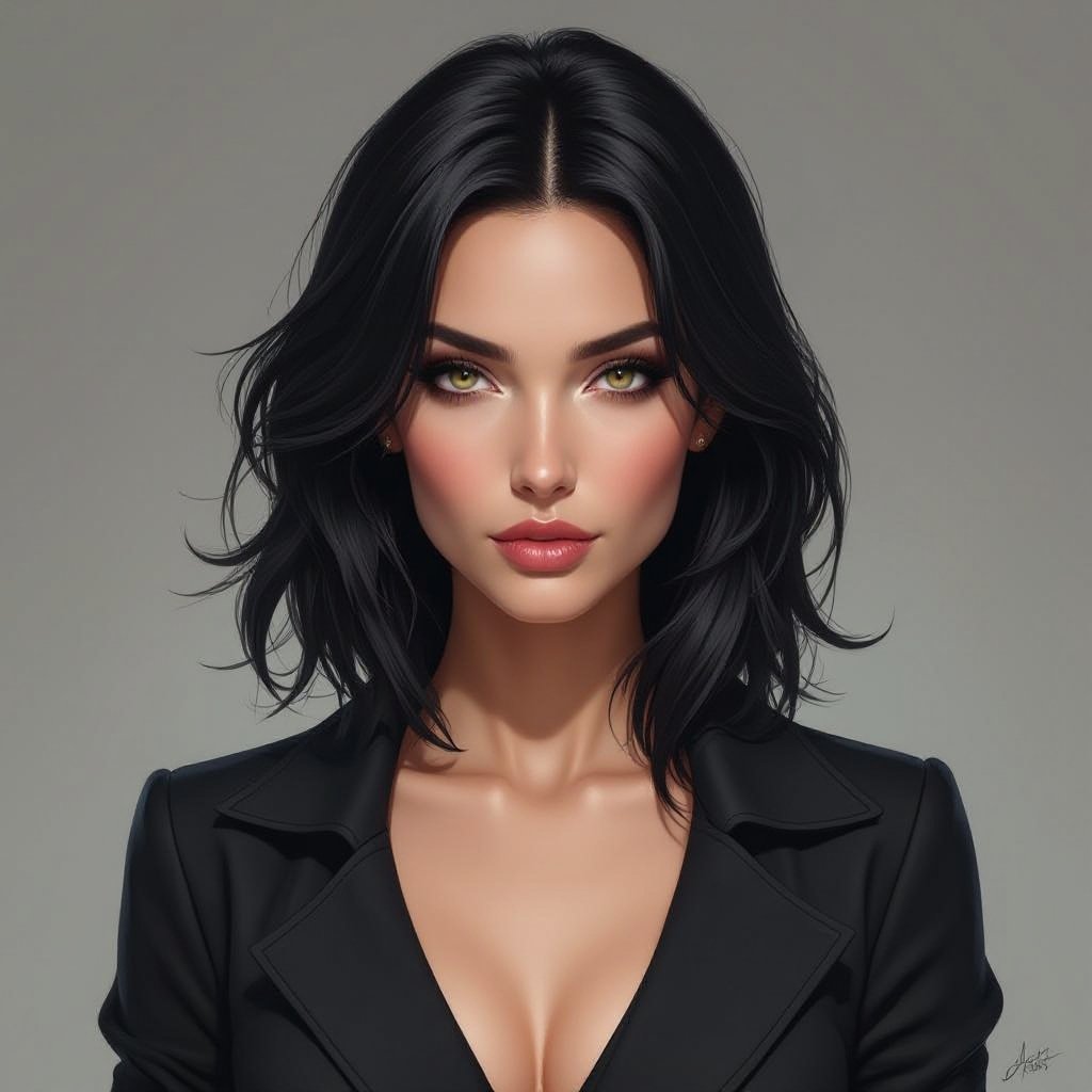 Show character head to toe. Create a mid age fantasy woman jet-black hair is cut sharpand her eyes seem to pierce through darkness. A shadowy aura clings to her form,