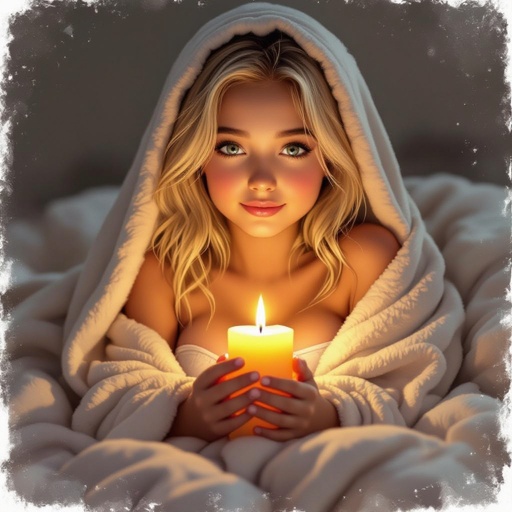 A blonde girl with big boobs in a blanket holding a candle 