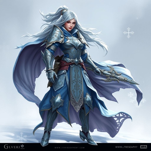 Create a battle woman hero called Alvara the Frostheart. Show full body head to toe including shoes 