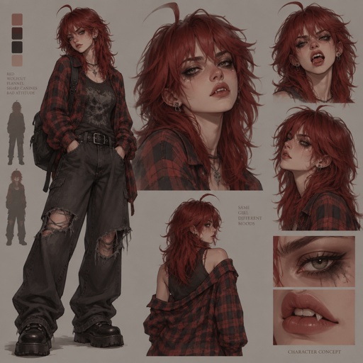 Female, wolfcut red hair, bangs, strand of hair sticking up on top of head, flannel, dark mascara around eyes, sharp canines, pouty, concept, poses