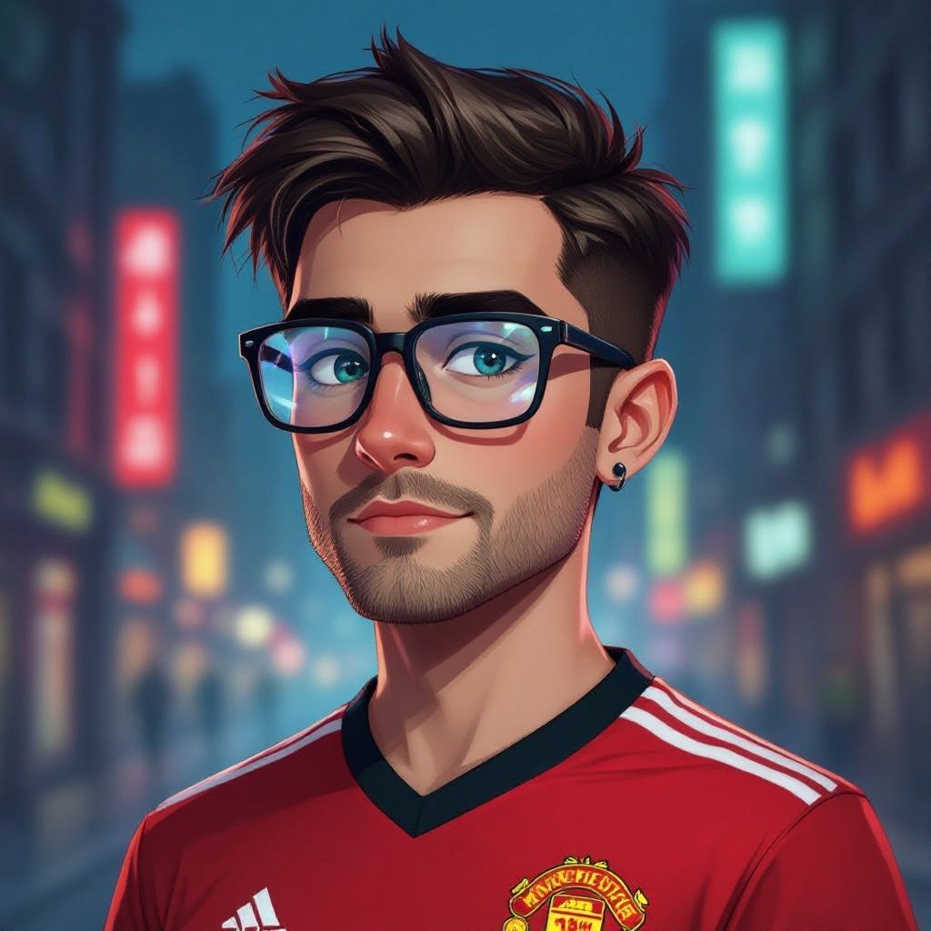 Mężczyzna o krótkich, ciemnobrązowych, włosach. Bez brody, bez bokobrodów, bez wąsa. niebieskie oczy. Ubrany w koszulkę piłkarską manchaster united. Duże okulary z szerokimi oprawkami. Podłużna twarz. Bardzo wysokie czoło. Zakola. Wąskie usta, Brwi opadające na końcach. Przymknięte oczy. Bez kolczyków