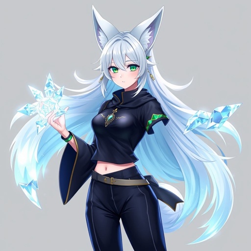 (Genshin Impact based) A pale teenage girl with a Cryo Vision wearing a royal black top and trousers with hair and small fox ears as white as snow with emerald eyes and conducting ice. She also has an ancient mythical right arm