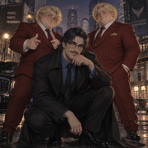 Male, crouching, green eyes, mustache, neck length black hair, neat hair, black glasses, black trench coat, blue shirt, smiling, male blonde curly hair, green eyes, blush, red pinstripe suit, doing finger guns, male, blonde curly hair, green eyes, fat, red pinstripe suit, blush, hands in pockets, smiling, the blonde guy and the fat guy are twins, city background, cinematic 
