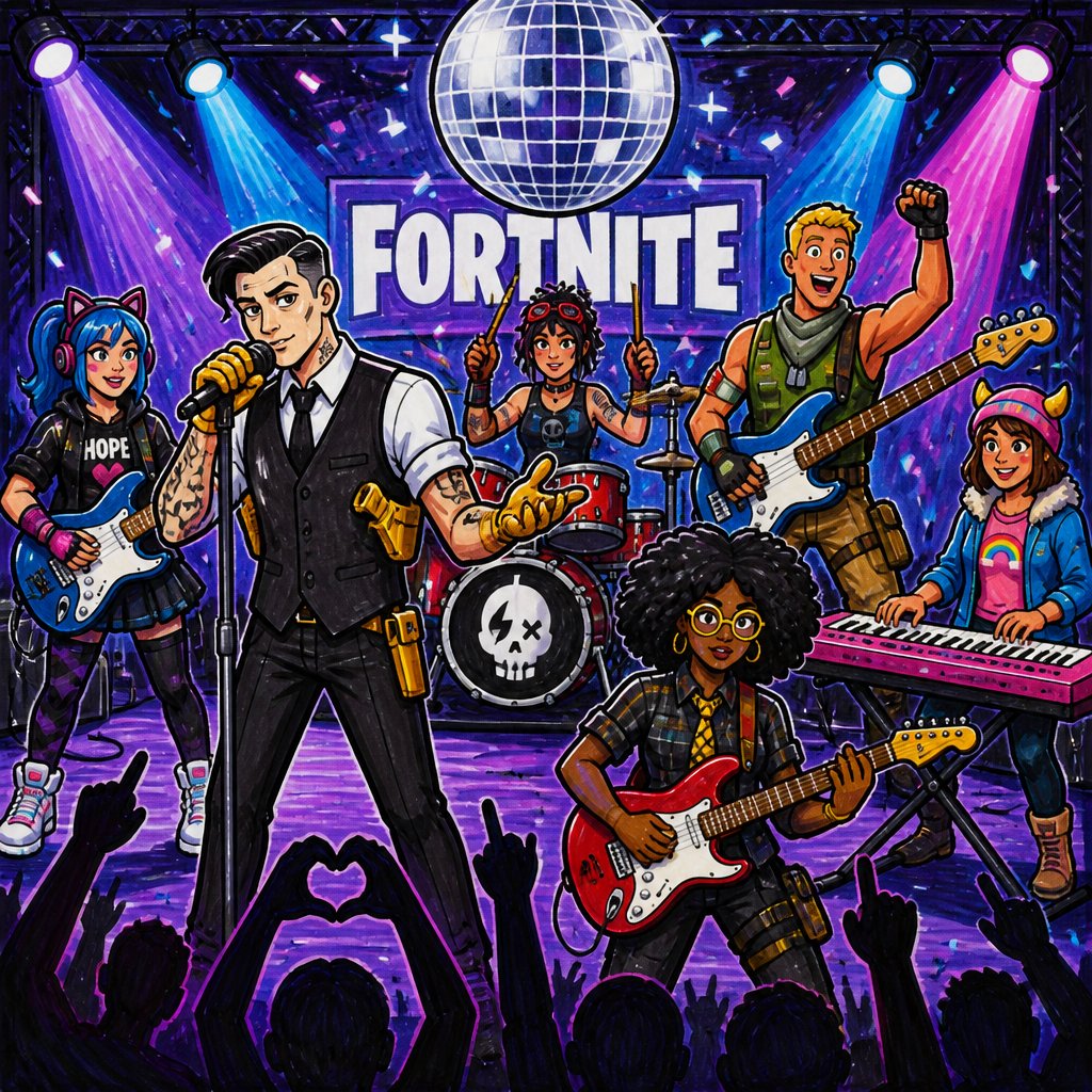 Midas Jules Jonesy hope sky order from Fortnite Mida on a microphone singing “I’m feeling good “ Jules playing drums and hope with blue hair in a ponytail and cat ear headphones wearing blue playing the guitar happy and Jonesy playing the base excited sky playing the electric piano and Slone playing guitar on a stage disco ball