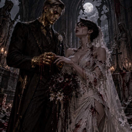 Midas from Fortnite, Bayonetta from super smash bros with short hair, getting married