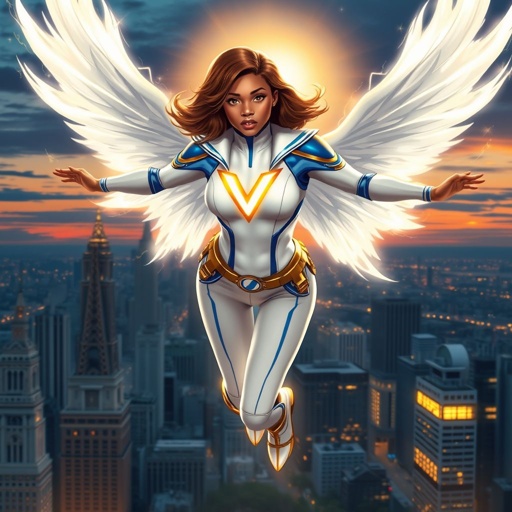 A teenage African American female superhero with brown hair with gold highlights in a shoulder length side part hairstyle with pure Gold Glowing eyes wearing a white suit with gold and royal blue with white pants and gold and white knee length boots with a utility belt with a gold V as her chest emblem with glowing wings made of white fire flying in Philadelphia