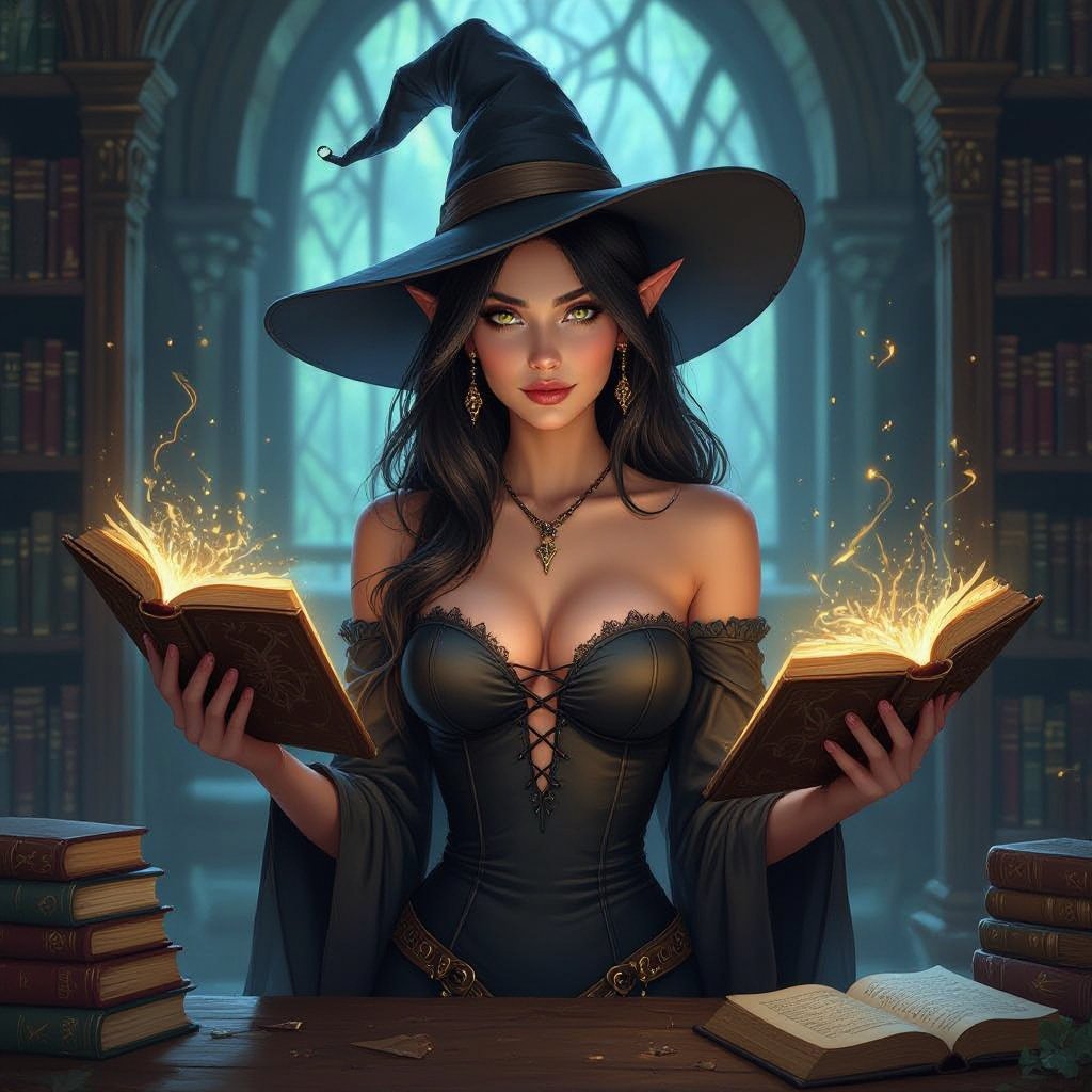 Dark Brunette Elf Witch Librarian with With Hat. Strapless Bathing Suit Top