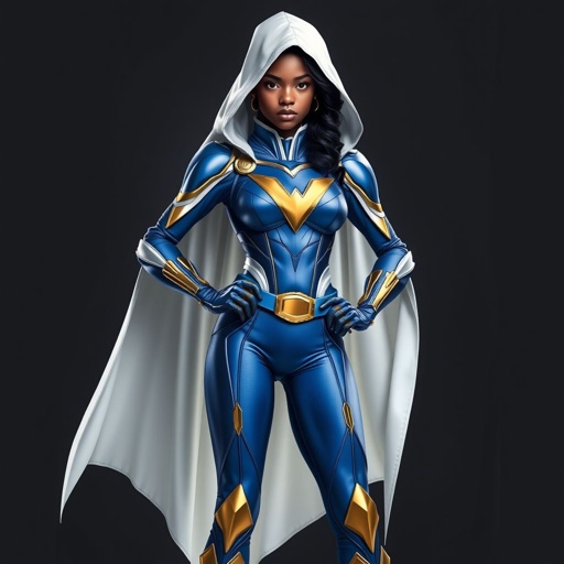 A teenage African American female superhero  wearing a white  cloak with a hood over a professionally made slightly armored white and blue suit with blue pants gold accents and a stylized V as her chest emblem a utility belt and gold boots