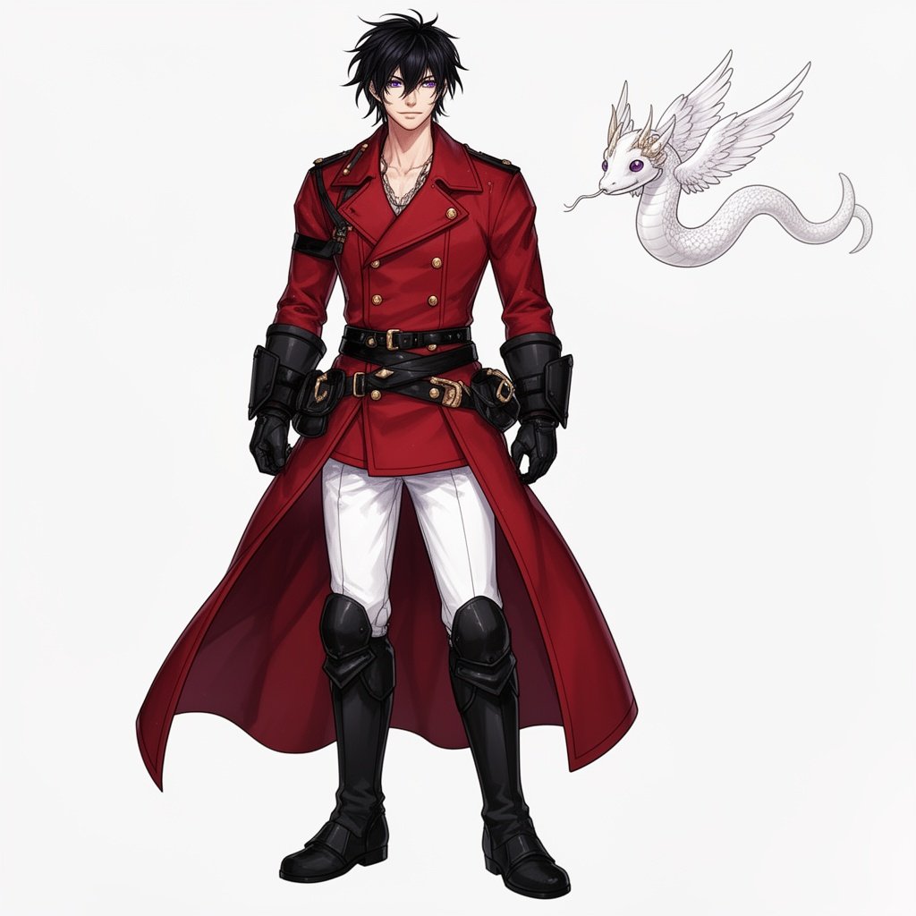 DnD, adult human man, in his 20s, taller, longer legs, black short messy hair, purple eyes, white pants, black boots, black armor, red double breasted greatcoat, gold buttons, black belts,
tiny elegant white winged snake flying next to him, snake does not have arms