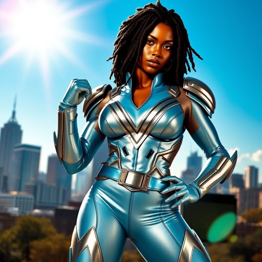 African American female superhero with locs in a side part style wearing a leather slightly armored light blue and silver suit with light blue pants and silver boots and a V as her chest emblem standing in Philadelphia during the day