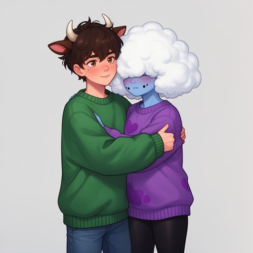 Two characters hugging wearing matching sweaters. The boy has a green one and the girl has a purple one. The boy has dark brown hair, small horns and cute cow ears. He is a little taller than the girl and usually has a blank expression but blushes a lot around her( he is also wearing jeans) the girl is wearing a matching purple sweater ( both are oversized) , her skin is blue with purple patches and she has a soft cloud shaped poof of white hair that covers her eyes. She is also wearing black leggings.  She has cute blushing cheeks and two small black dots on each .A purple patch covers right side of her face. 