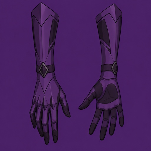 Long detailed tactical gloves for a female supervillain, purple