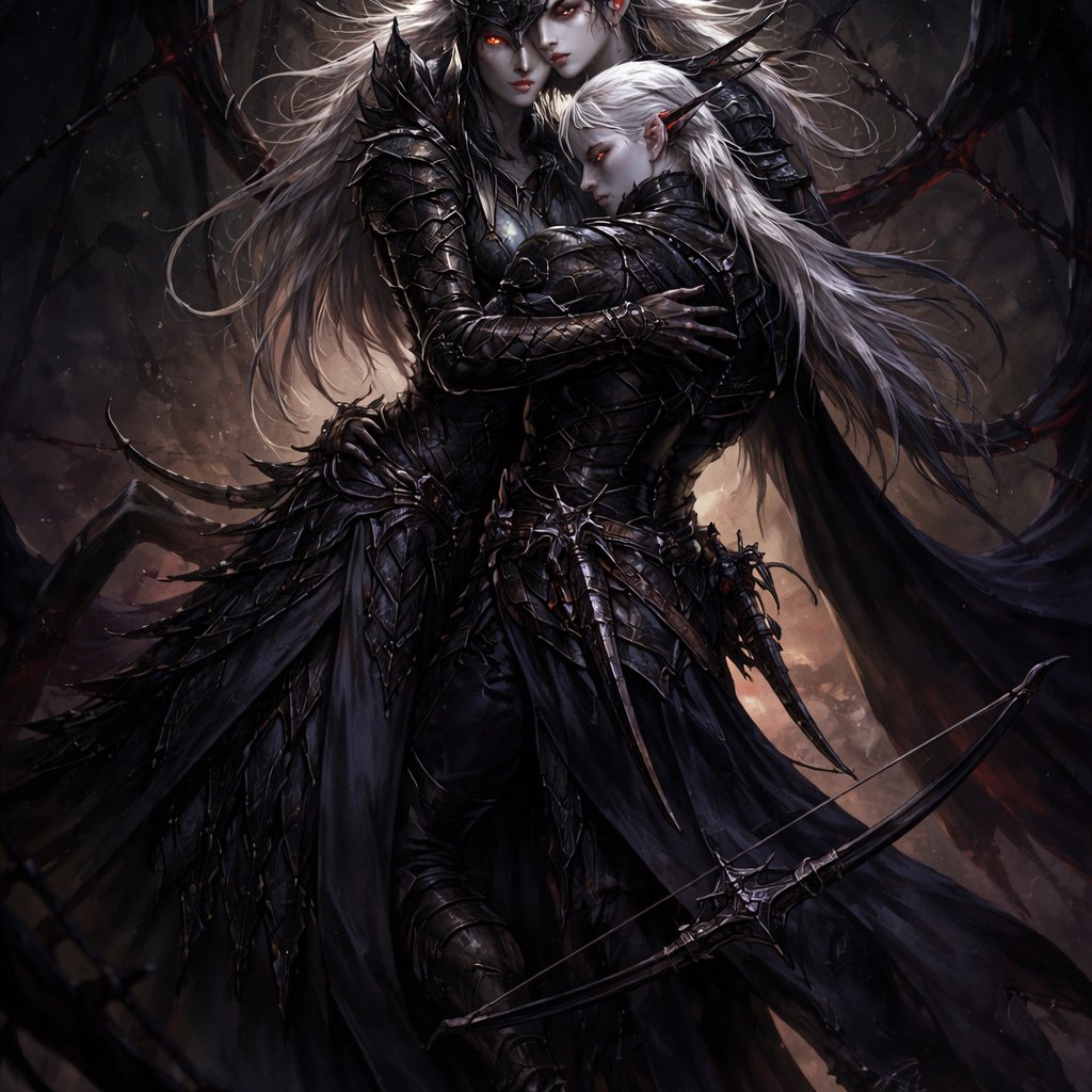 lolth hugged drow elb assasin with a bow and two hand crossbows