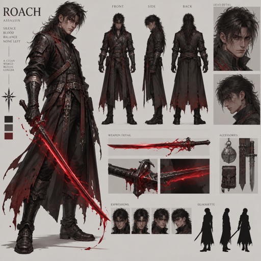 assassin name roach, long mullet, sword made of blood