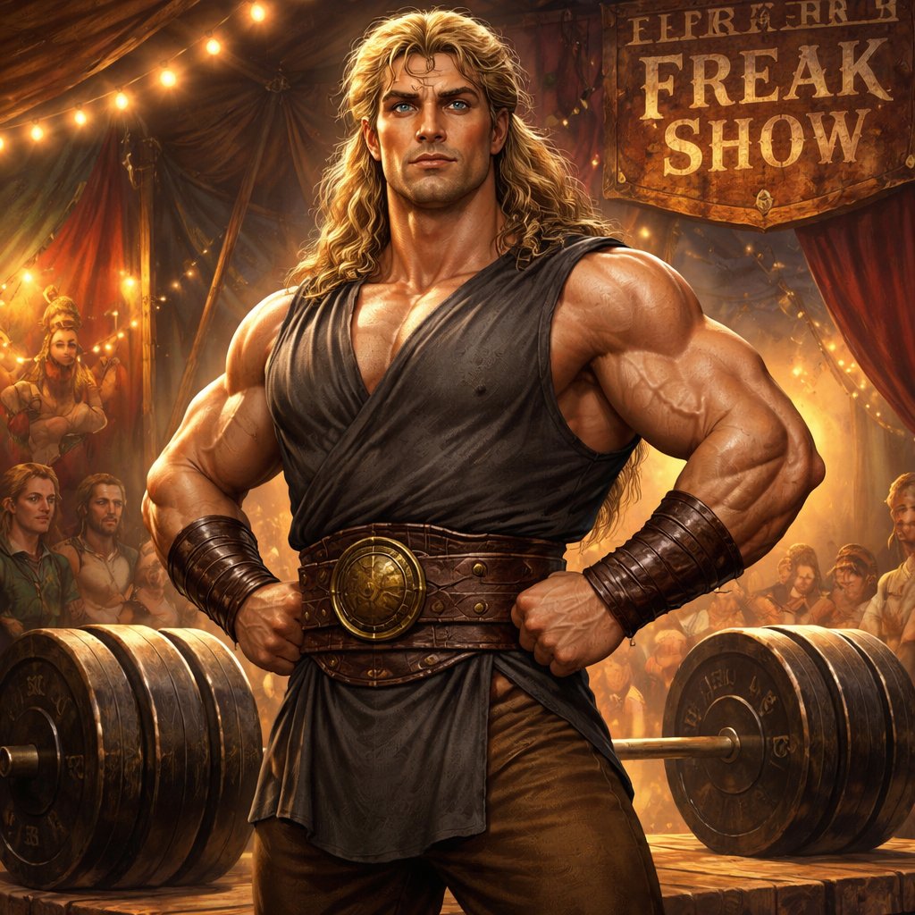 A tall well~proportioned male, so handsome he looks like a Greek god with muscles. With deep-set blue eyes and strong brows, hinting at inner depth“. His hairstyle is a blonde mullet. He works at freak show as a strong man. His outfit consistsed of a Charcoal-toned sleeveless Greek tunic, thick leather belt, leather wristbands/cuffs, brown pants.