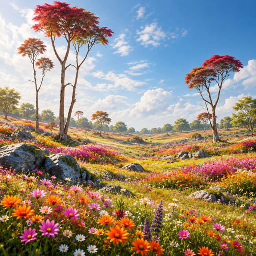 a painting of flowers and trees in a field