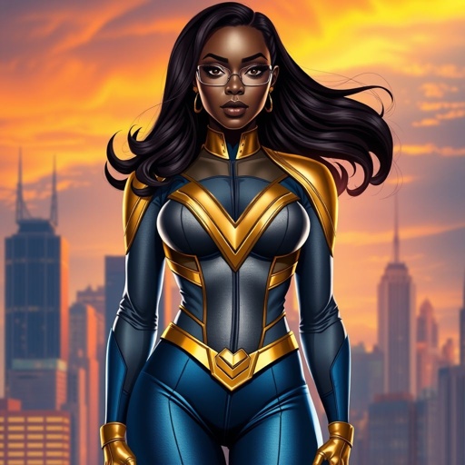 African American female superhero with neck length hair in a side part style wearing a gold grey and blue suit with blue pants and gold boots with a stylized V as her chest emblem standing in a city at dawn