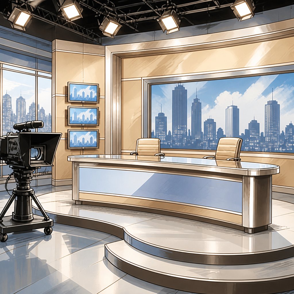 a drawing of a tv studio with a view of the city