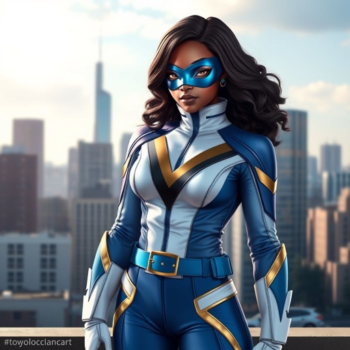 A teenage African American female superhero wearing a domino style mask with slightly curly hair in a shoulder length side part style wearing a polyester and leather White and blue suit with gold accents blue pants and a stylized V as her chest emblem a utility belt and blue boot heel less standing in Philadelphia