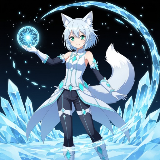 A pale teenage girl. Aqua green eyes wearing a white top and trousers with light blue diamonds. Short white hair with a singular snow fox tail and two ears. Wears long gloves and boots conducting ice with a black background