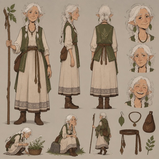 Female, wrinkled, slim, two braids, messy white hair, skinny, leaf earrings, dress, green vest, brown rope around waist, slightly pointy ears, one bead necklace, concept, poses