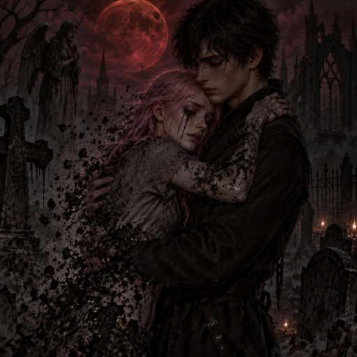 An 18 year old girl who has pink hair and blue eyes. She is wearing a gray shirt and black pants. With her a 19 year old boy who has black hair and dark brown eyes. They are hugging each other tightly and the girl is crying and melting into the boy’s arms. 