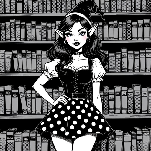 Black and White Polka Dot Miniskirt Elf Witch Librarian with Brunette Hair