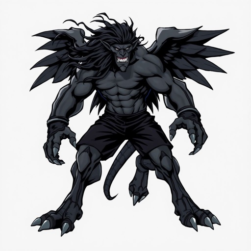 Dark grey gargoyle with strong muscles long black hair with big feet and he only has 4 fingers on both hands he has black shorts on with black gauntlets around his fist