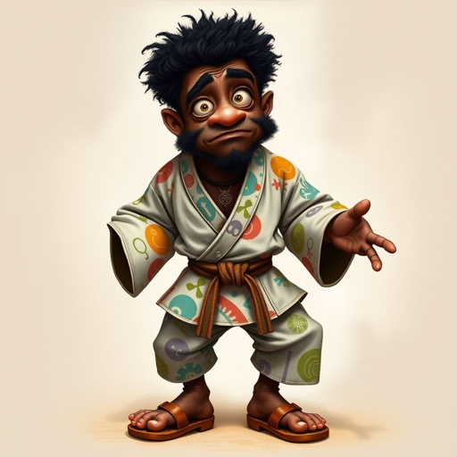 Create a character who looks like a funny African karate guy who doesn’t have a clue what he is doing. Make him have weird toes