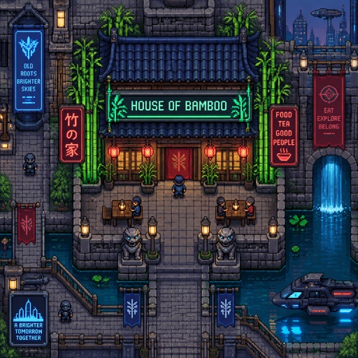 Restaurant called house of bamboo for a futuristic fantasy city game, exterior, top down style