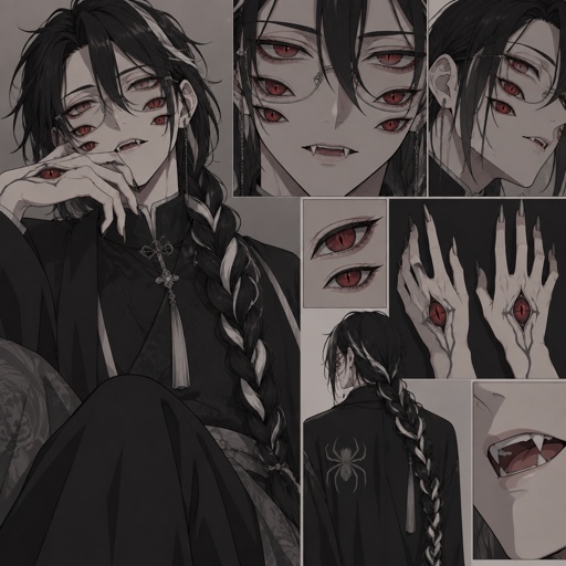 Pale male, hair loose braid, black hair with white stripes, clean shaven, red eyes, eight eyes four on cheek one on the top of each hand, long scary fingers, spider fangs, glasses.