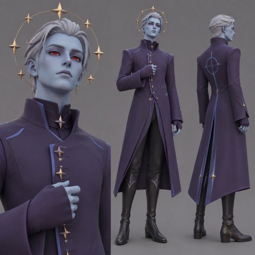 Male, short silver brushed back hair pointy, light blue skin, completely full red eyes, halo of gold stars surrounding head, purple long coat buttoned up, purple shirt and collar, shirt sleeves over palms, tall boots, black pants, blue details on clothes