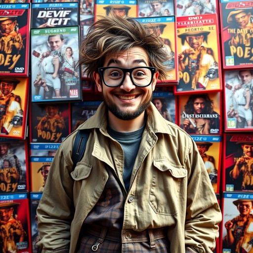 create a guy name bootleg who sells dvd’s for movies that are fake dvds. Make him funny looking. And make sure the image shows him head to toe 