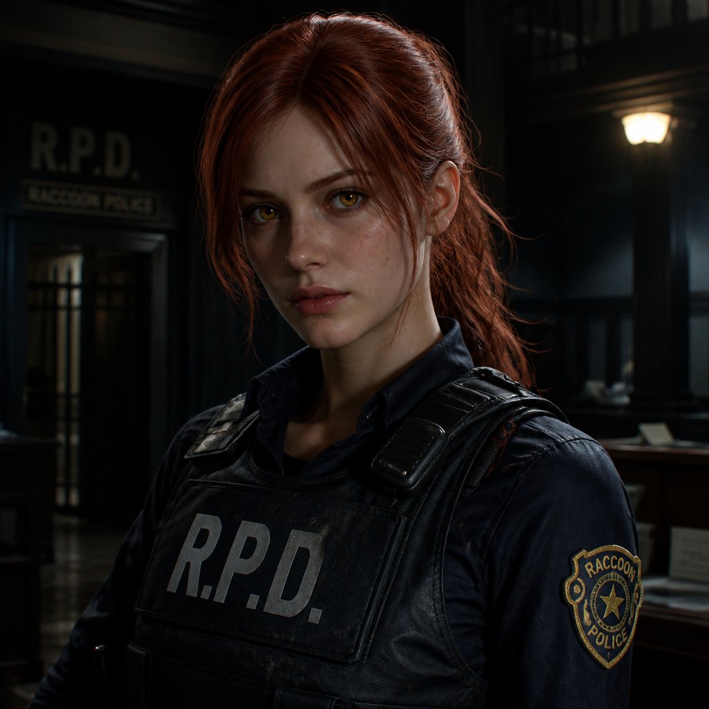 Adult girl with ash red hair and amber eyes that’s a RPD cop from the game resident evil