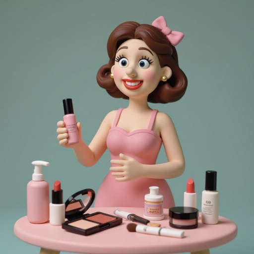 Create a weird looking character showing there whole body head to toe, a lady who loves beauty products  