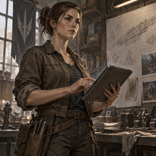 Woman, practical clothes, hair tied for a board. Tablet with a 1945 manual or a cuff-sized coil. Precise face, moral without being soft. Hands that can kill a shield and retune it. Kinship is not in the costume. Fortiche painted, real cloth, sodium or workshop light.