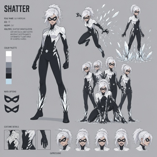 Female teen superhero with shatter abilities, white hair, white skin, mask, multiple of the same character