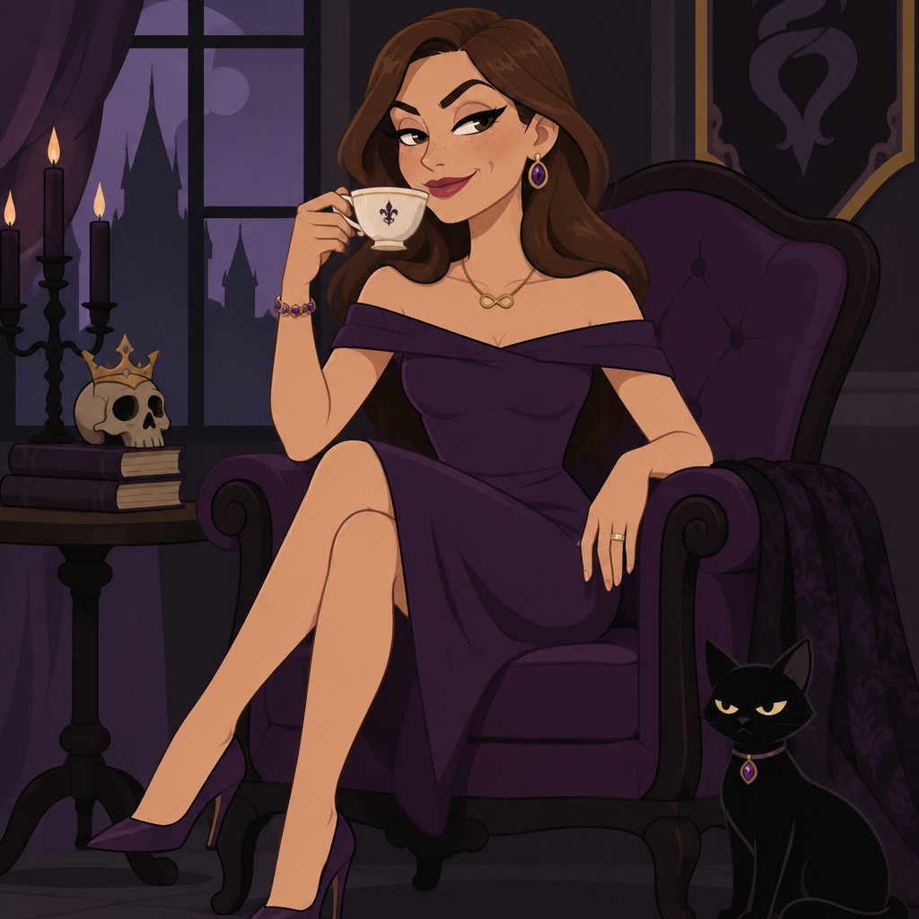 Female, slim, brown smooth hair around face, medium length back hair, freckles, dimples, long eyeliner, upturned nose, drinking tea, bad guy, knee length purple dress off the shoulders, jewelry, necklace infinity symbol, heels, wedding ring, smirk, no cleavage showing