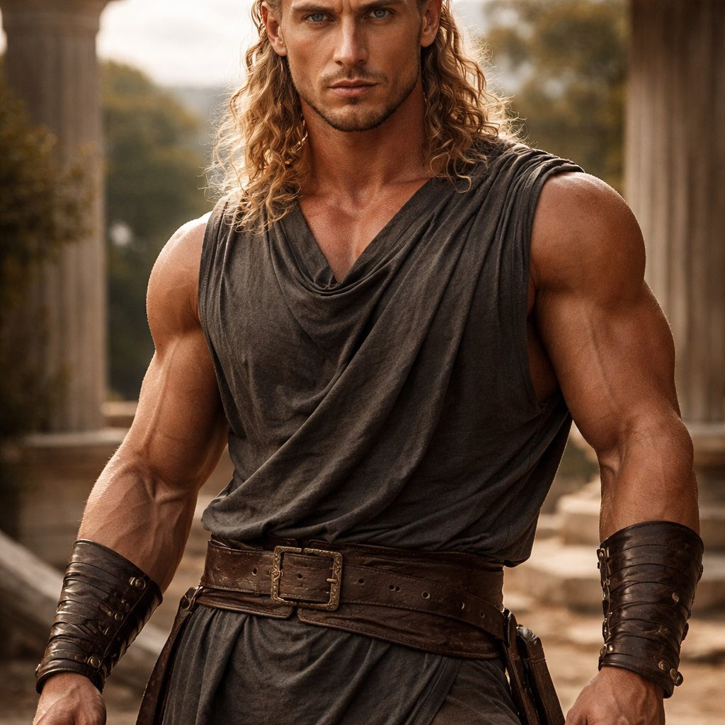 A tall well~proportioned male, so handsome he looks like a Greek god with muscles. With deep-set blue eyes and strong brows, hinting at inner depth“. His hairstyle is a blonde mullet. He works at freak show as a strong man. His outfit consistsed of a Charcoal-toned sleeveless Greek tunic, thick leather belt, leather wristbands/cuffs, brown pants.