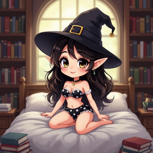 Dark Brunette Elf Witch Librariani with With Hat.  Strapless Bathing Suit Top and Black and white Polka Dot Mini Pencil Skirt laying on Library Bed