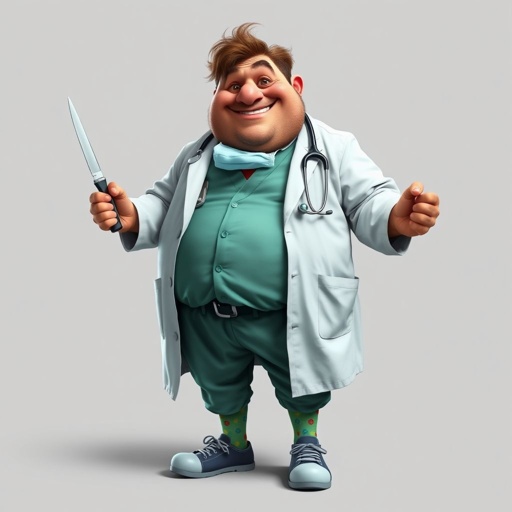 .. create a fat doctor. Who is funny human looking from head to toe. And he always immediately results to surgery for anything even small things. So please be sure to show his whole outfit head to toe. Make him have 1 tooth. Make it more adult humor instead of cartoon humor.