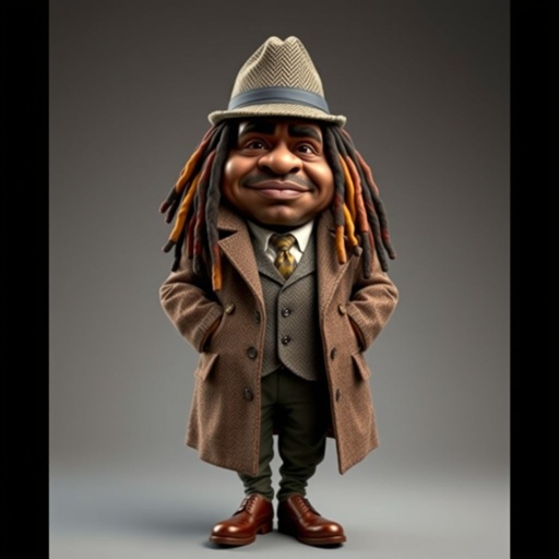 Create a funny serious fat character similar to Sherlock Holmes, but make him of black decent and with dread locks. Show his whole outfit including his shoes.