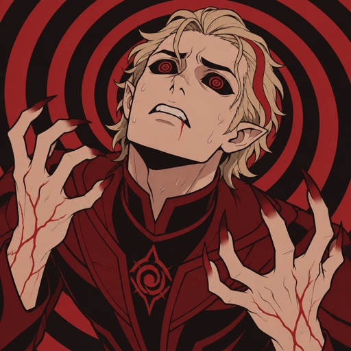 Male, blonde greased brushed back hair, neck length hair, curl on forehead, red streak in hair, slim, scar on lip, red and black spiral eyes no whites, superhero with chaos powers, cool outfit red no cape, pointy ears, pointy fingers with red tips, red veins, looking up distressed, nervous, sweating, spiral background