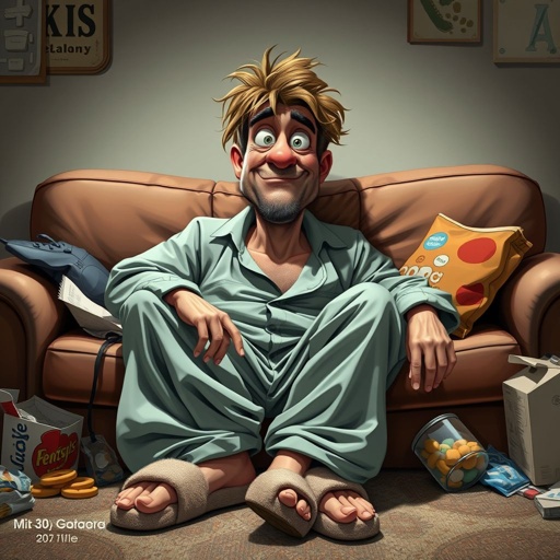 Create mid 30 character who is lazy as heck. And you could tell from his face and his entire outfit. Make is funny and the style of the graphic photographic