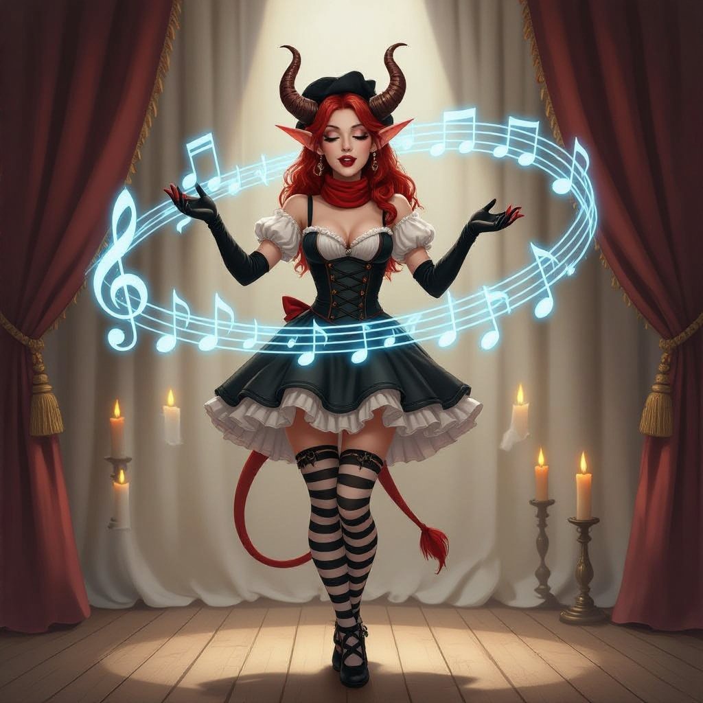 The image depicts a semi-realistic fantasy character performing on a softly lit stage. She’s a tiefling — a humanoid figure with small curved horns, pointed ears, and a slender tail tipped in dark red and black. Her skin is porcelain-pale, and her long silver-white hair flows past her shoulders beneath a black beret.  She wears a whimsical mime-inspired outfit: a sleeveless black and deep-red striped dress with suspenders, matching thigh-high stockings, and long gloves in the same pattern. A bright red neck scarf provides contrast, and her makeup exaggerates her expressive features — dark eyeshadow, vertical lines beneath her eyes, and small red lips parted in mid-song or gasp.  Around her, faint glowing blue musical notes spiral through the air, suggesting she’s singing or casting a magical performance. The background shows a wooden stage framed by ivory curtains and soft candlelight, giving the entire scene a theatrical, vintage cabaret atmosphere.  The overall mood blends elegance, whimsy, and a hint of melancholy — as if this performer’s music carries both laughter and longing.
