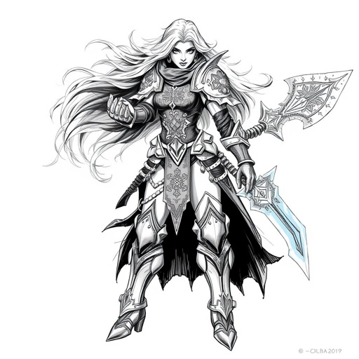 Create a battle woman hero called Alvara the Frostheart. Show full body head to toe including shoes