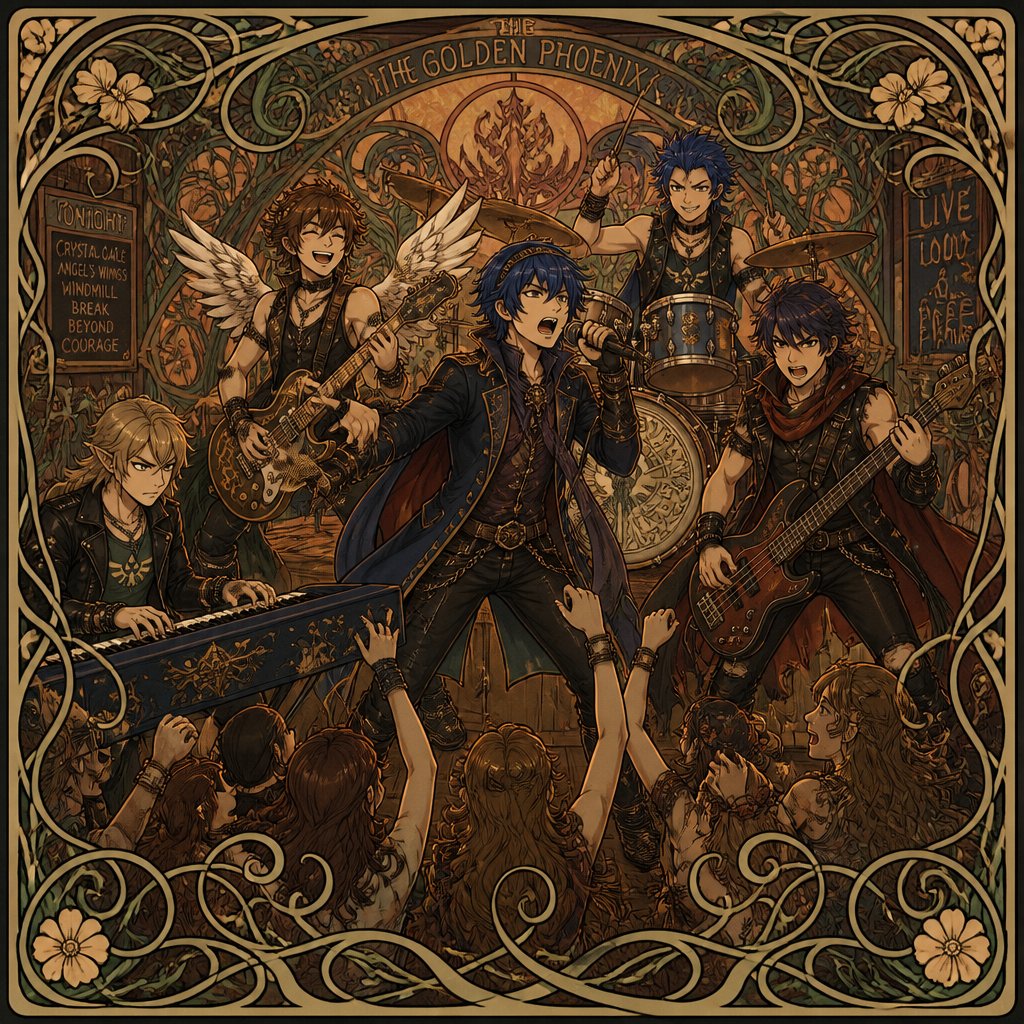Super smash brothers link from legend of Zelda, pit from kid Icarus, Marth from fire emblem, Ike from fire emblem, Sonic as a human from sonic the hedgehog . There in a band, Marth singer really loud ,pit playing the guitar closing his eyes very happy ,Ike playing the bass with aggressive face expression, Sonic the hedgehog as a human playing the drums grinning,link playing the electric piano smiling intense eyebrows, there singing in a bar, there all wearing rock and roll clothes lots of cheering all aggressively singing awesome rock music