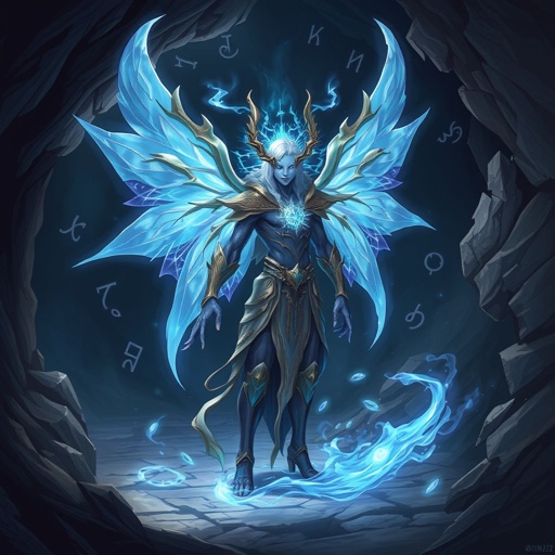 Magical ball of blue light floating in a cave by itself with nothing else around it